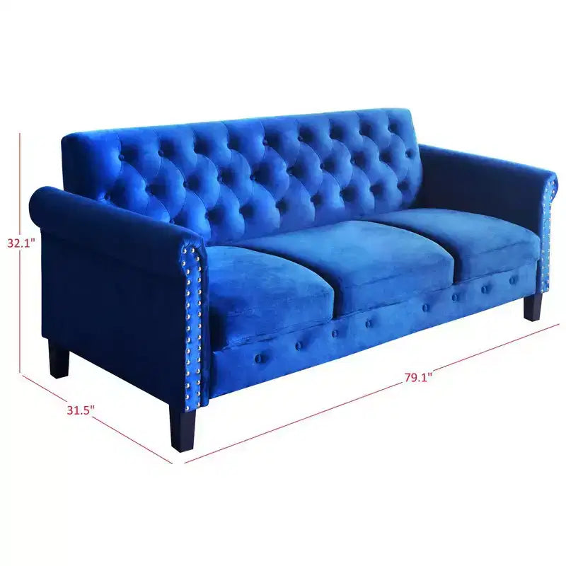 Home Design Casper Velvet Rolled Arm Sofa, Navy Blue