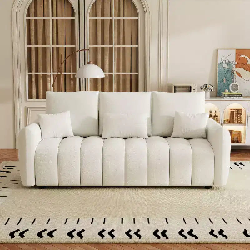 PexFix 80.7 in. W Premium Teddy Fabric 3-Seat Sofa in White with 3 Pillows and 3 Back Cushions for Living Room Bedroom and Office