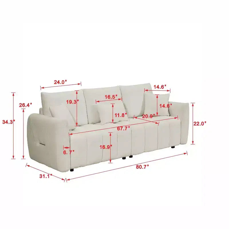 PexFix 80.7 in. W Premium Teddy Fabric 3-Seat Sofa in White with 3 Pillows and 3 Back Cushions for Living Room Bedroom and Office