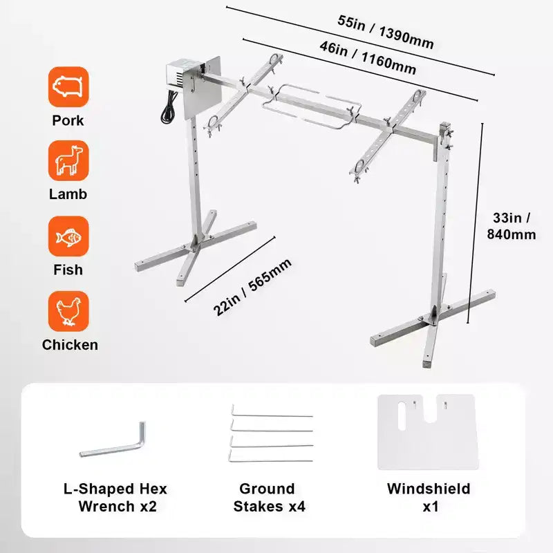 Kit de rôtisserie électrique VEVOR, 116,8 cm, capacité de 60 kg, moteur automatique de 52 W, hauteur réglable, support de rôtissoire universel, argenté