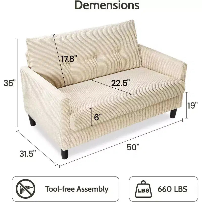 Canapé en velours côtelé Dyonery 50'', petit canapé confortable, salon, petit canapé avec coussins à ressorts profonds, cadre en bois massif, assemblage sans outils