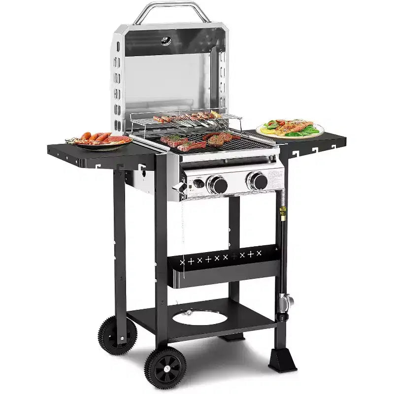 R.W.FLAME 2-Burner Propane Gas Grill, 16,000 BTU Stainless Steel BBQ with Folding Side Tables  Portable Outdoor Grill for Patio, Backyard & Camping