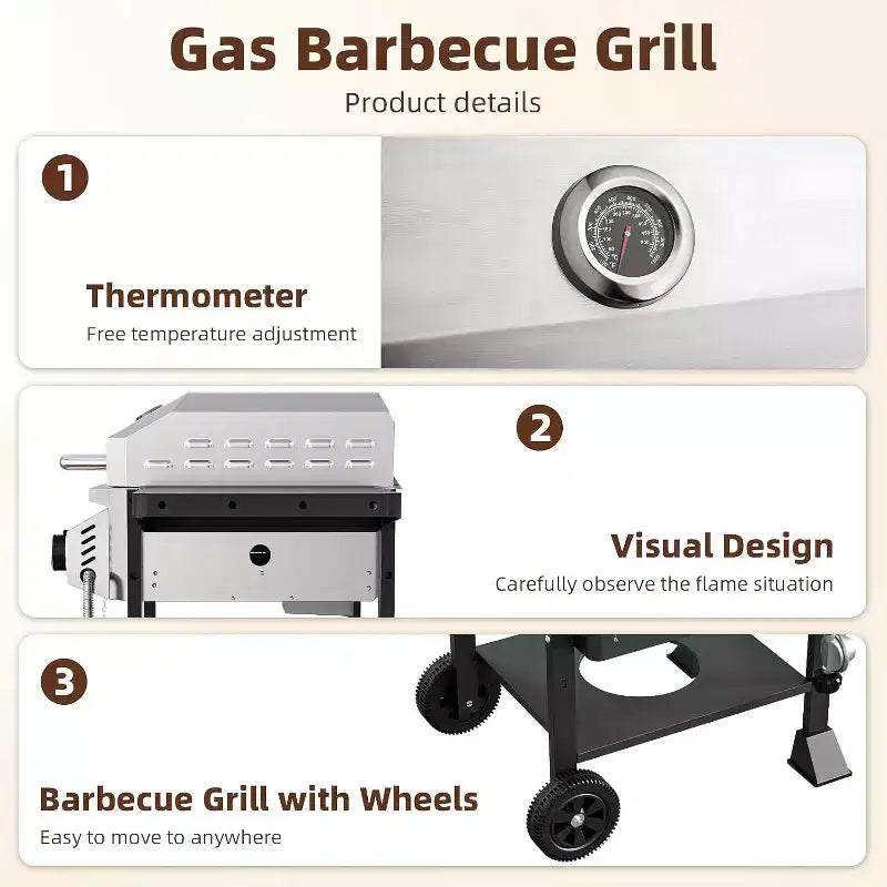 Barbecue à gaz propane 2 brûleurs R.W.FLAME, 16 000 BTU en acier inoxydable avec tablettes latérales pliantes, grill extérieur portable pour terrasse, jardin et camping