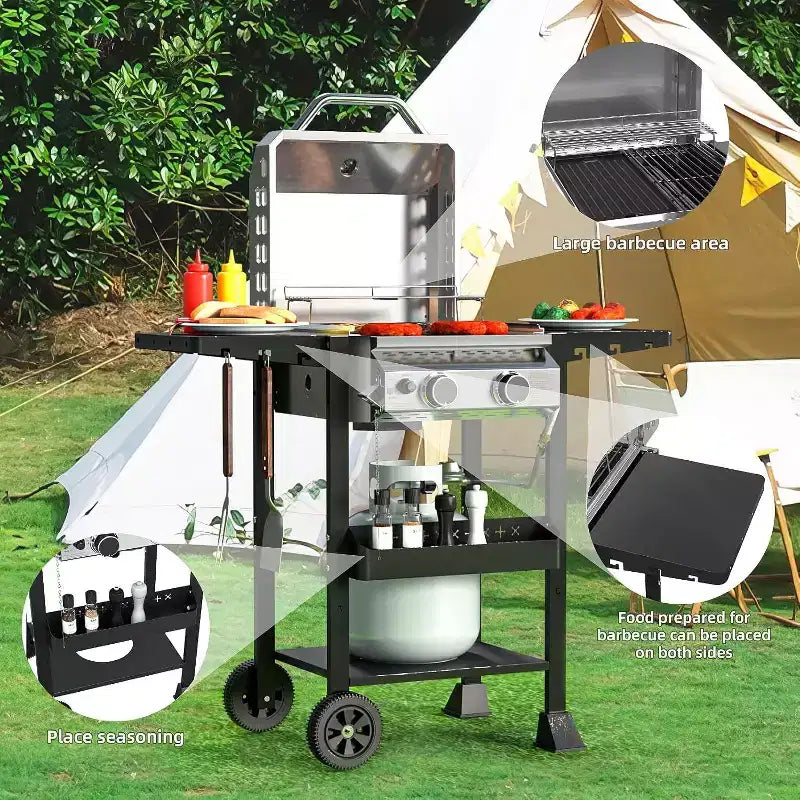 Barbecue à gaz propane 2 brûleurs R.W.FLAME, 16 000 BTU en acier inoxydable avec tablettes latérales pliantes, grill extérieur portable pour terrasse, jardin et camping