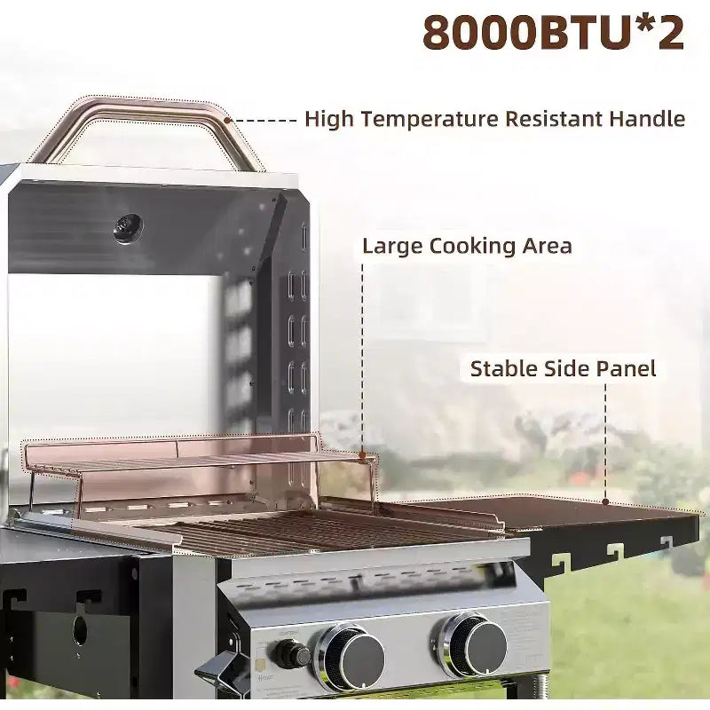 Barbecue à gaz propane 2 brûleurs R.W.FLAME, 16 000 BTU en acier inoxydable avec tablettes latérales pliantes, grill extérieur portable pour terrasse, jardin et camping