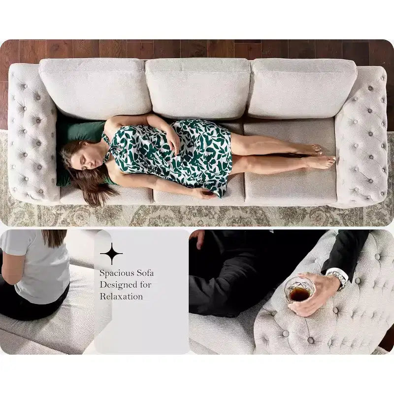 AMERLIFE 92-inch 3-Seater Sofa with Thick Armrests, Button Tufted