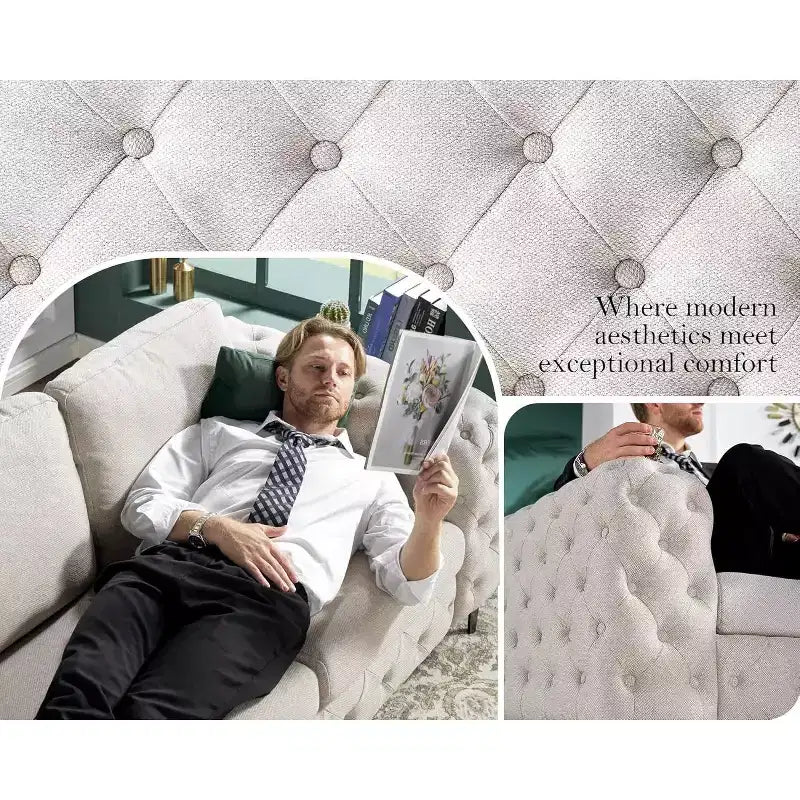 AMERLIFE 92-inch 3-Seater Sofa with Thick Armrests, Button Tufted