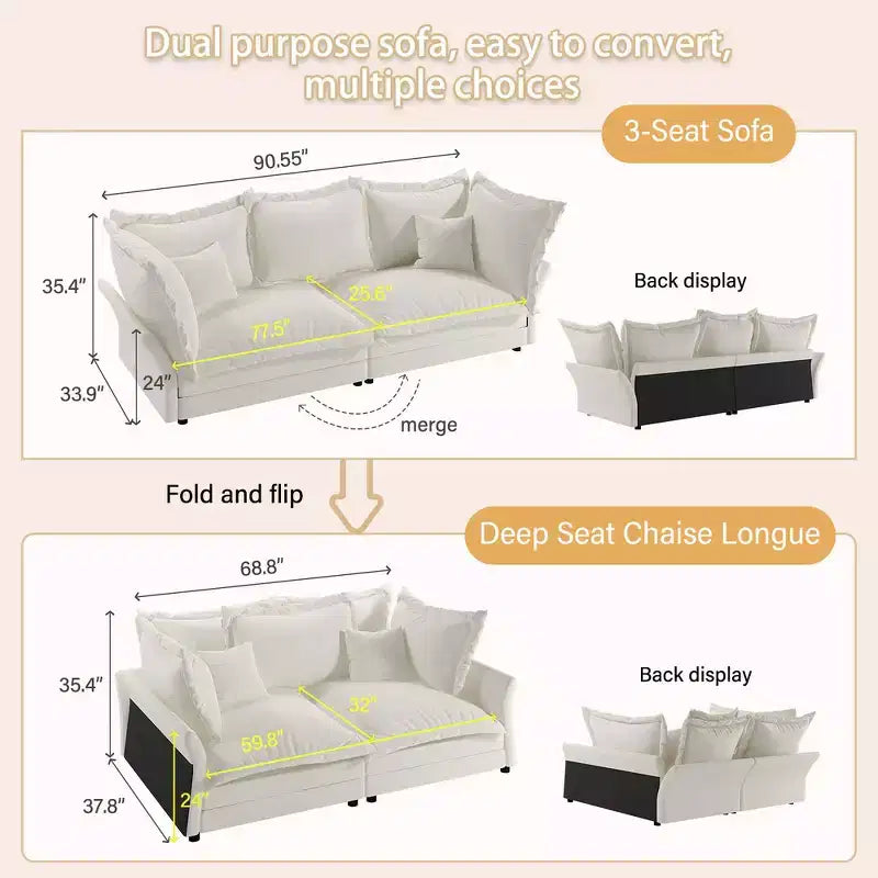 Whisen Cloud Sofa & Chaise Lounge with Multiple Pillows and Luxurious Design for Ultimate Comfort