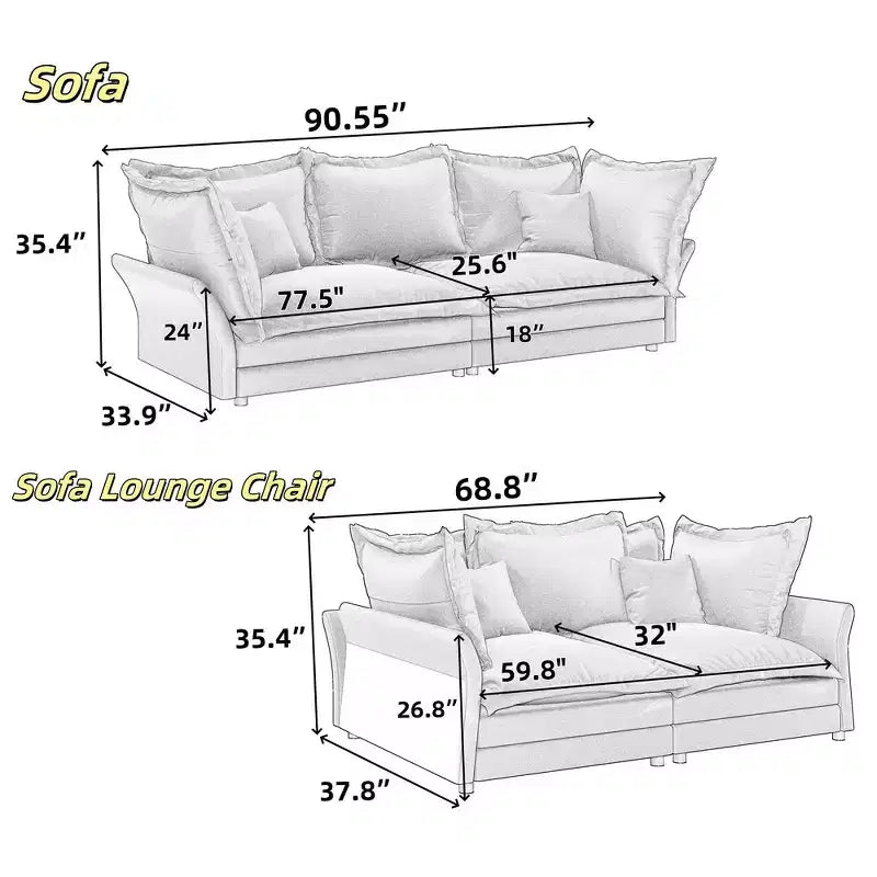 Whisen Cloud Sofa & Chaise Lounge with Multiple Pillows and Luxurious Design for Ultimate Comfort