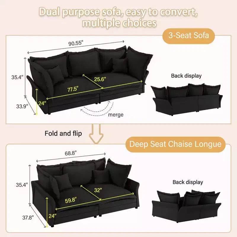 Whisen Cloud Sofa & Chaise Lounge with Multiple Pillows and Luxurious Design for Ultimate Comfort