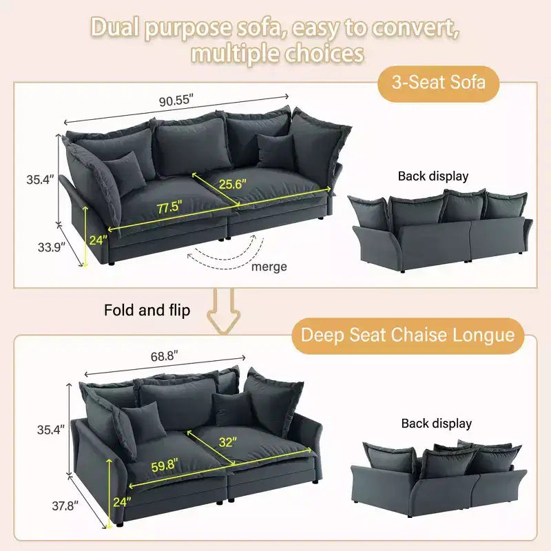 Whisen Cloud Sofa & Chaise Lounge with Multiple Pillows and Luxurious Design for Ultimate Comfort