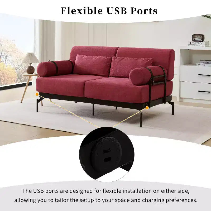 Canapé moderne deux places 59, canapé deux places avec ports USB flexibles, accoudoirs cylindriques uniques pour salon, beige