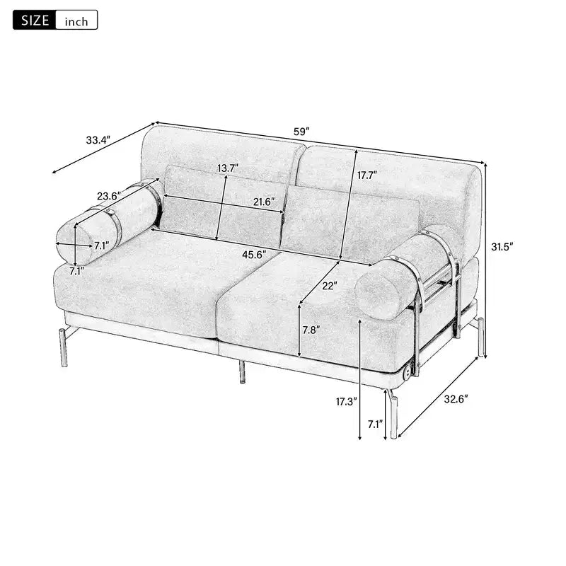 Canapé moderne deux places 59, canapé deux places avec ports USB flexibles, accoudoirs cylindriques uniques pour salon, beige
