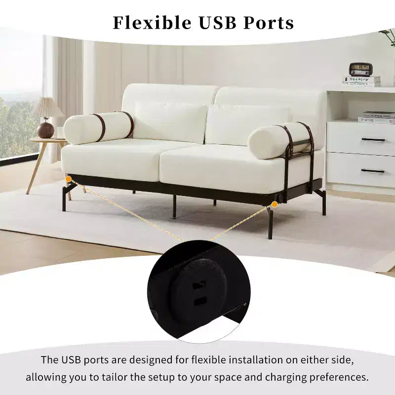 Canapé moderne deux places 59, canapé deux places avec ports USB flexibles, accoudoirs cylindriques uniques pour salon, beige