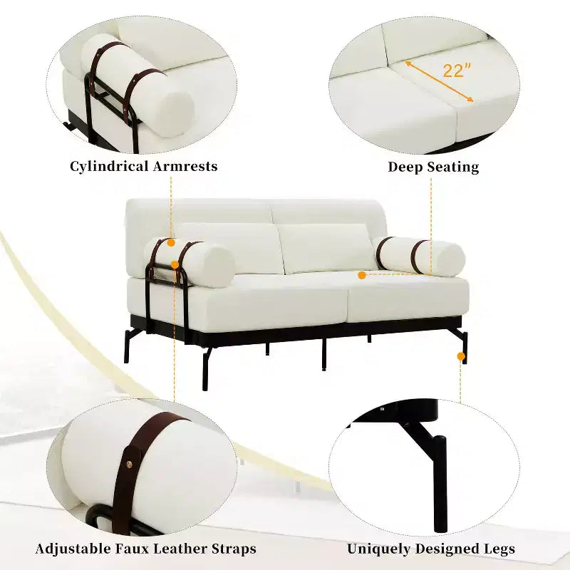 Canapé moderne deux places 59, canapé deux places avec ports USB flexibles, accoudoirs cylindriques uniques pour salon, beige