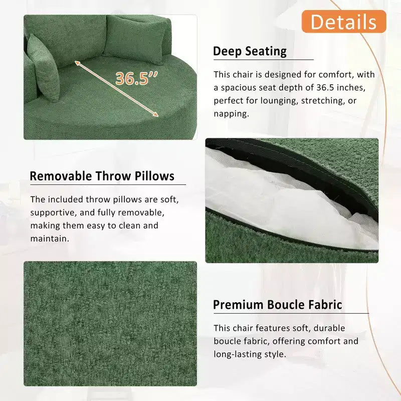 Fauteuil crapaud pivotant à 360° avec 3 coussins amovibles pour salon, chambre, bureau et hôtel, vert