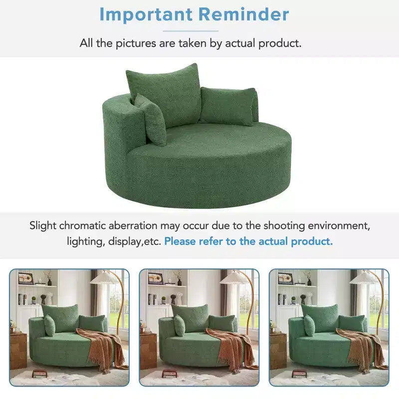 Fauteuil crapaud pivotant à 360° avec 3 coussins amovibles pour salon, chambre, bureau et hôtel, vert