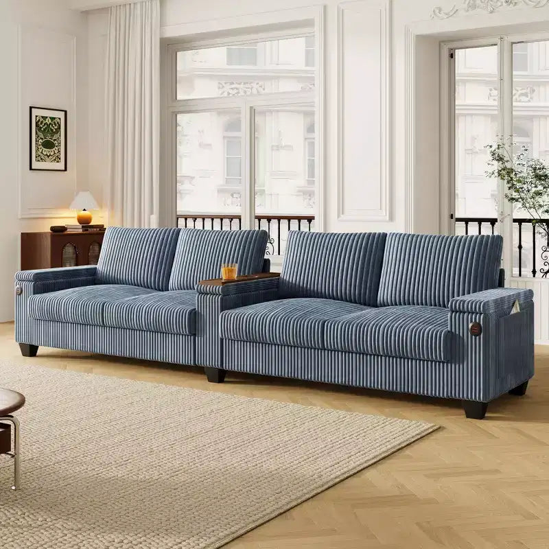 4-seater Corduroy Sofa Couch 133 Modern Sofa with USB Ports, Hidden Storage Arms, Flip-Top Cup Holders for Living Room, Black