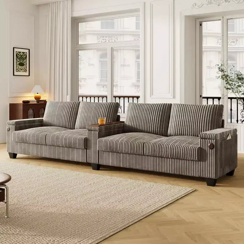 4-seater Corduroy Sofa Couch 133 Modern Sofa with USB Ports, Hidden Storage Arms, Flip-Top Cup Holders for Living Room, Black