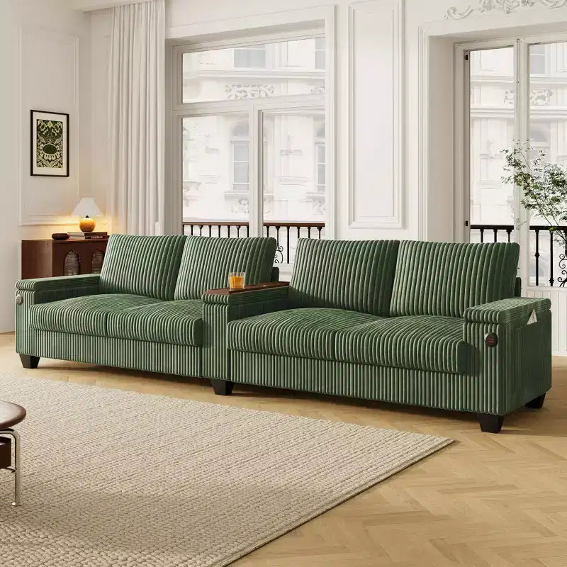 4-seater Corduroy Sofa Couch 133 Modern Sofa with USB Ports, Hidden Storage Arms, Flip-Top Cup Holders for Living Room, Black