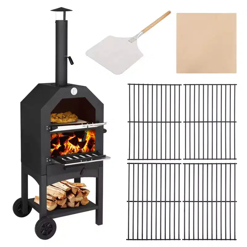 ROVSUN Outdoor Pizza Oven Wood Fried with Pizza Stone, Pizza Peel, Grill Rack for Backyard and Camping