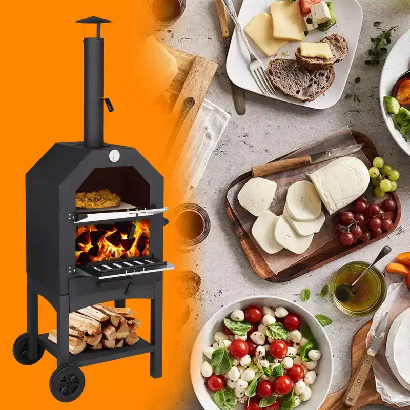 ROVSUN Outdoor Pizza Oven Wood Fried with Pizza Stone, Pizza Peel, Grill Rack for Backyard and Camping
