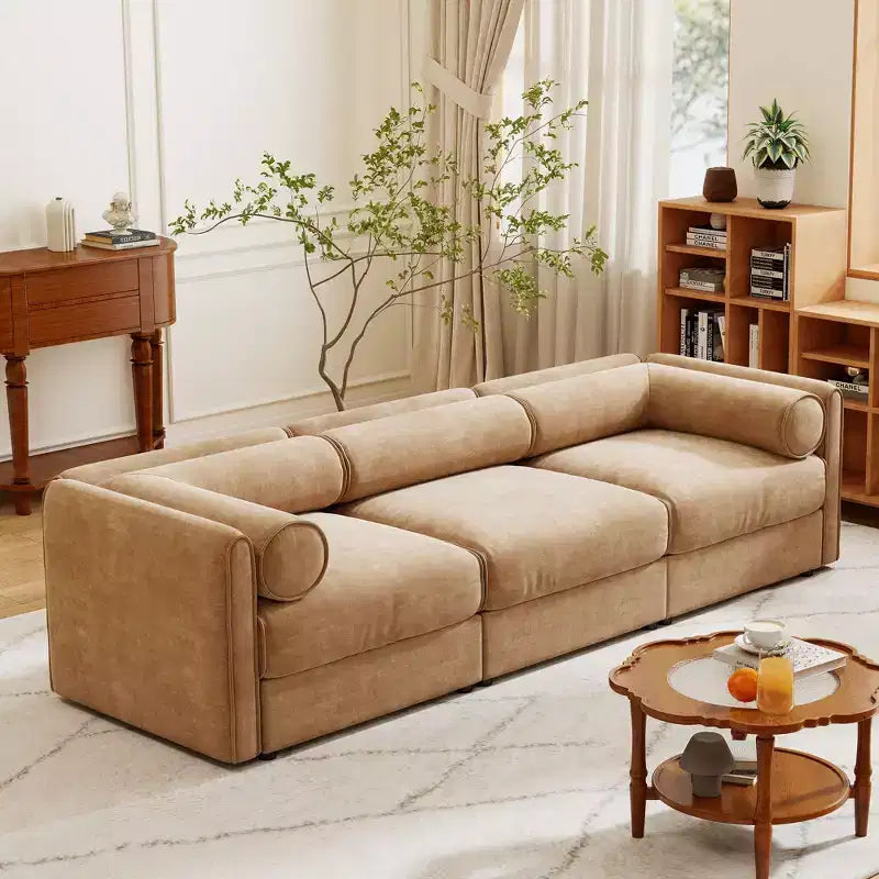 Elegant White Chenille Sofa with Storage Seat, Cylindrical Backrest and Armrests