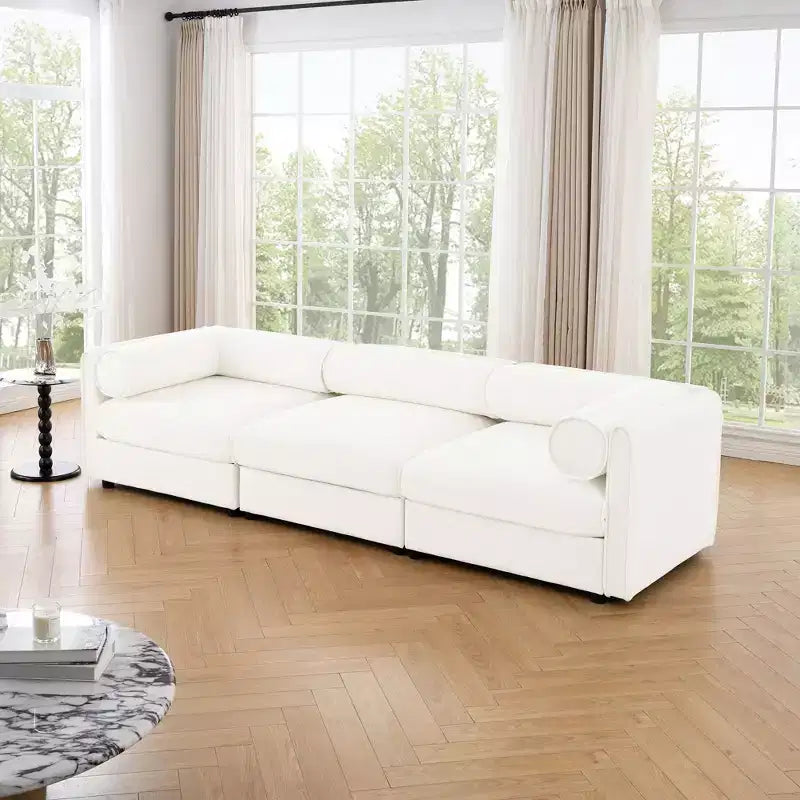 Elegant White Chenille Sofa with Storage Seat, Cylindrical Backrest and Armrests