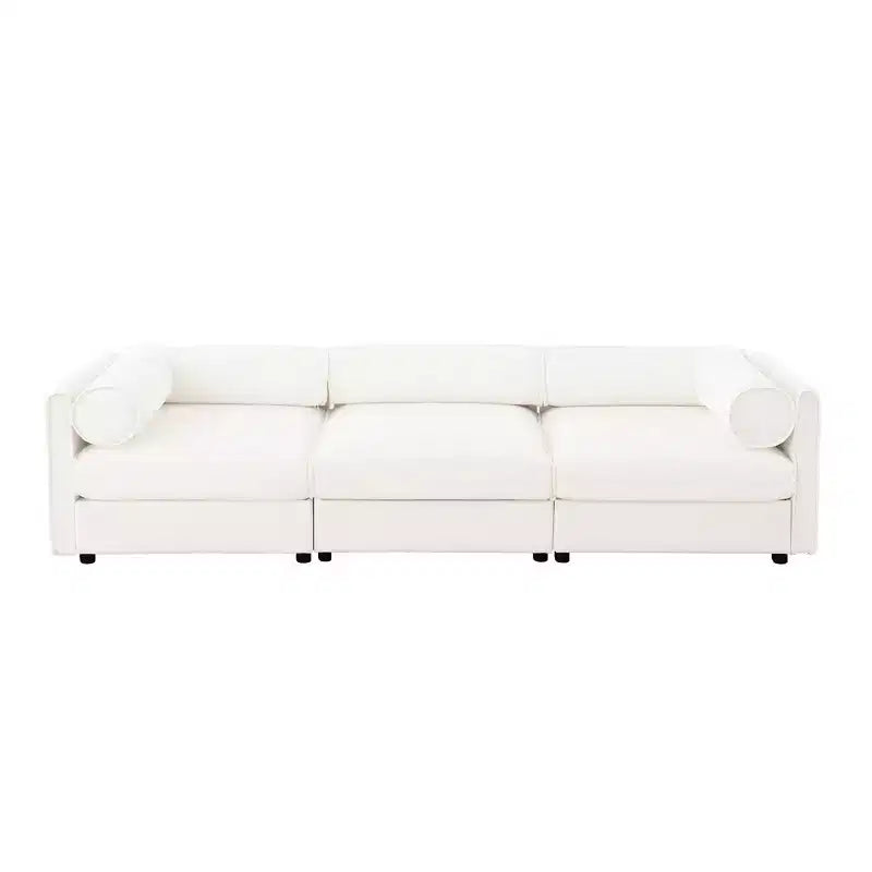 Elegant White Chenille Sofa with Storage Seat, Cylindrical Backrest and Armrests