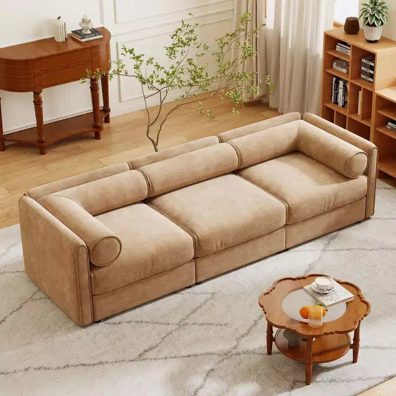 Elegant White Chenille Sofa with Storage Seat, Cylindrical Backrest and Armrests