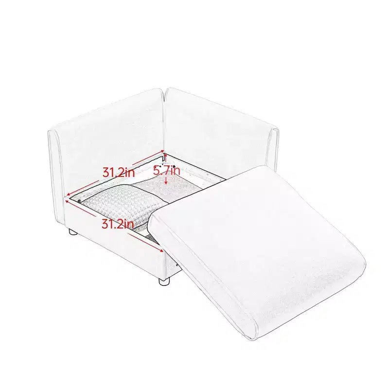Élégant canapé en chenille blanche avec rangement sous l'assise et ottomane, en forme de U, 3 places, avec dossier et accoudoirs cylindriques