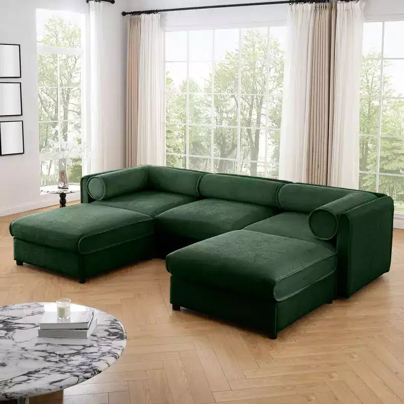 Élégant canapé en chenille blanche avec rangement sous l'assise et ottomane, en forme de U, 3 places, avec dossier et accoudoirs cylindriques