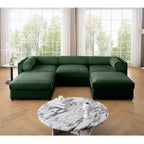 Élégant canapé en chenille blanche avec rangement sous l'assise et ottomane, en forme de U, 3 places, avec dossier et accoudoirs cylindriques