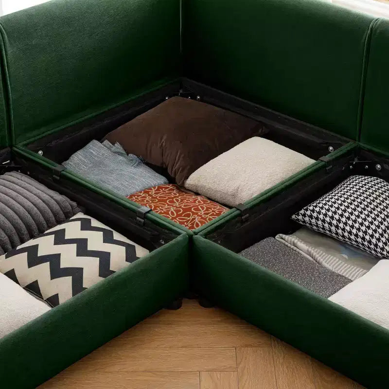 Élégant canapé en chenille blanche avec rangement sous l'assise et ottomane, en forme de U, 3 places, avec dossier et accoudoirs cylindriques