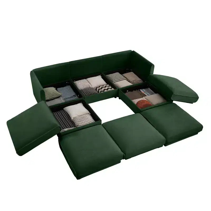Élégant canapé en chenille blanche avec rangement sous l'assise et ottomane, en forme de U, 3 places, avec dossier et accoudoirs cylindriques