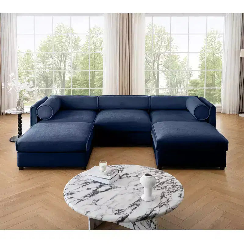 Élégant canapé en chenille blanche avec rangement sous l'assise et ottomane, en forme de U, 3 places, avec dossier et accoudoirs cylindriques