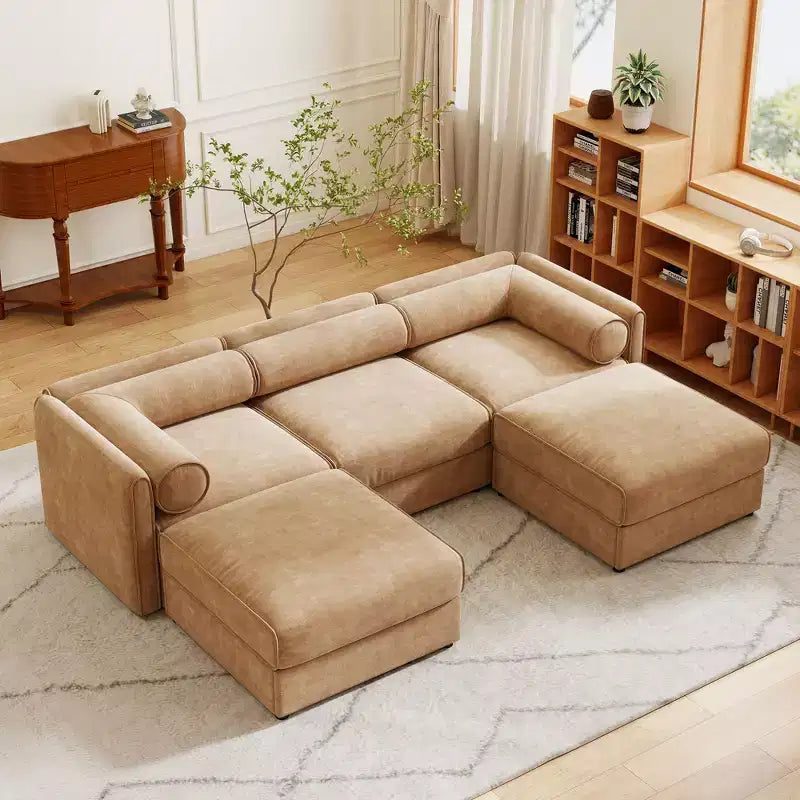 Elegant White Chenille Sofa with Storage Seat and Ottoman, U-Shaped 3-Seater Cylindrical Backrest and Armrests