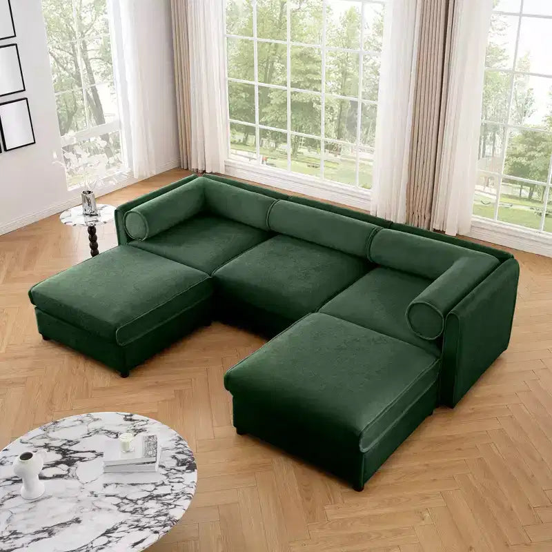 Elegant White Chenille Sofa with Storage Seat and Ottoman, U-Shaped 3-Seater Cylindrical Backrest and Armrests