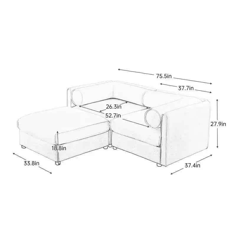 Stylish White Chenille 2-Seater Sofa with Ottoman Storage Seat, Cylindrical Backrest and Armrests