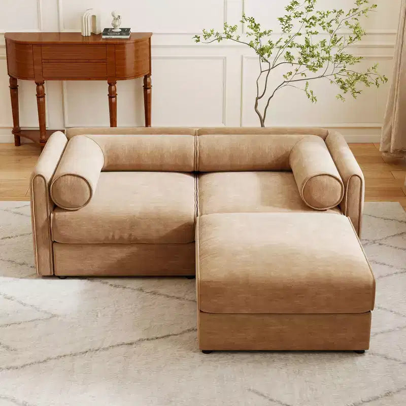 Stylish White Chenille 2-Seater Sofa with Ottoman Storage Seat, Cylindrical Backrest and Armrests