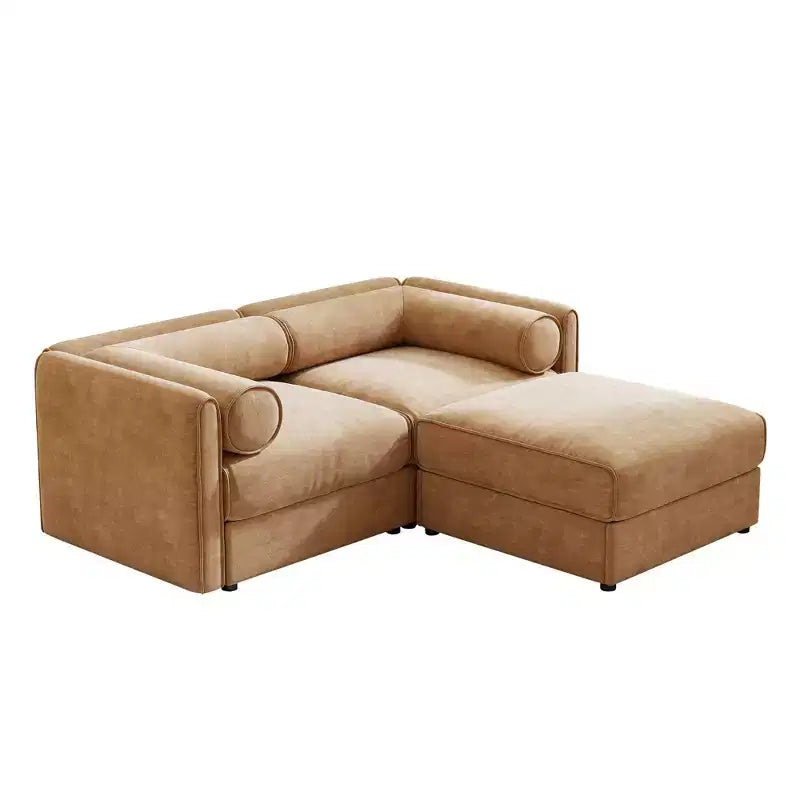 Stylish White Chenille 2-Seater Sofa with Ottoman Storage Seat, Cylindrical Backrest and Armrests