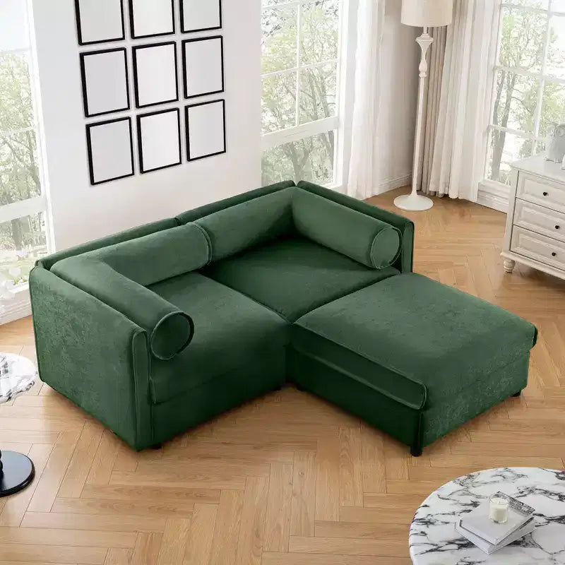 Stylish White Chenille 2-Seater Sofa with Ottoman Storage Seat, Cylindrical Backrest and Armrests