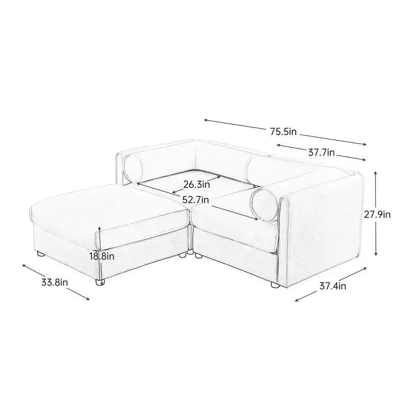 Stylish White Chenille 2-Seater Sofa with Ottoman Storage Seat, Cylindrical Backrest and Armrests