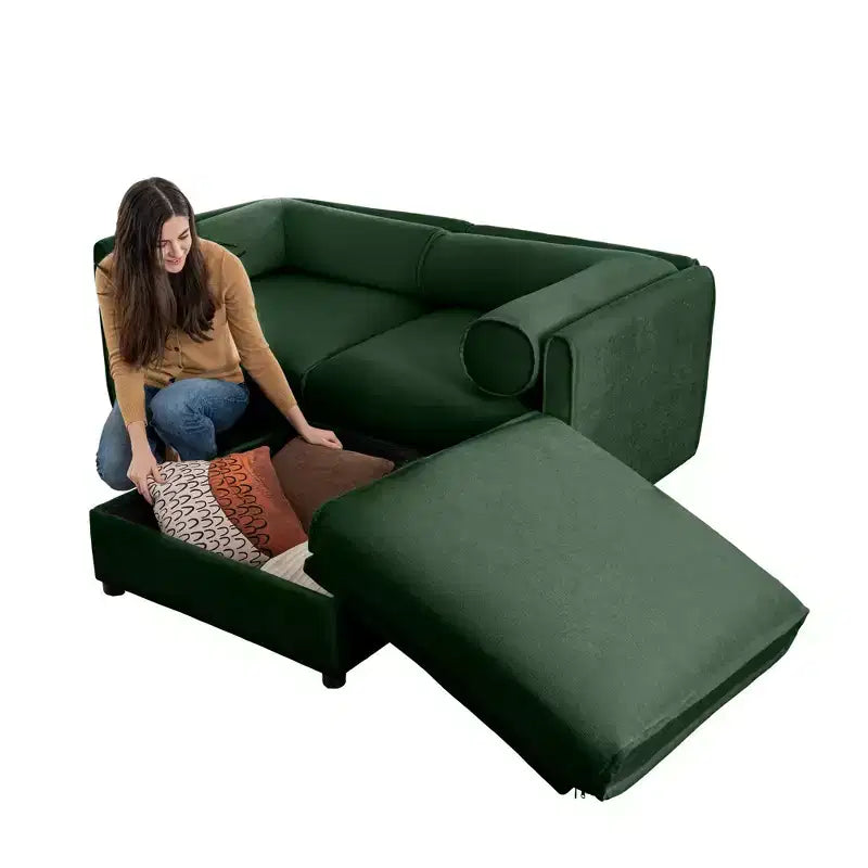 Stylish White Chenille 2-Seater Sofa with Ottoman Storage Seat, Cylindrical Backrest and Armrests