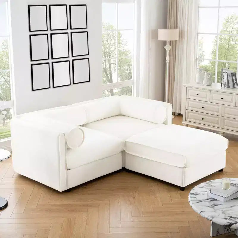 Stylish White Chenille 2-Seater Sofa with Ottoman Storage Seat, Cylindrical Backrest and Armrests