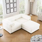 Stylish White Chenille 2-Seater Sofa with Ottoman Storage Seat, Cylindrical Backrest and Armrests