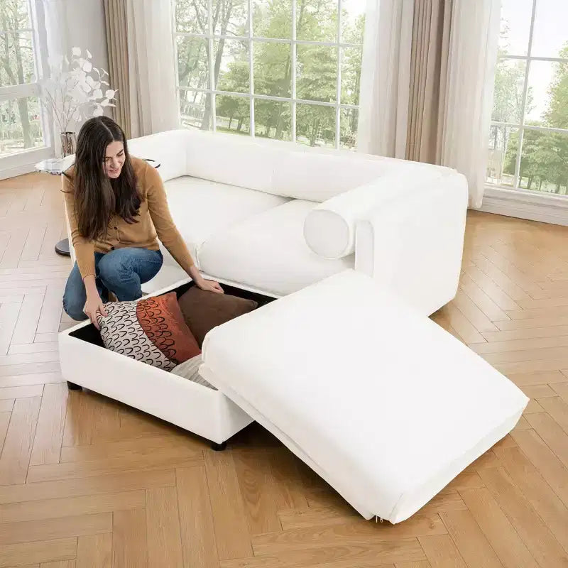 Stylish White Chenille 2-Seater Sofa with Ottoman Storage Seat, Cylindrical Backrest and Armrests