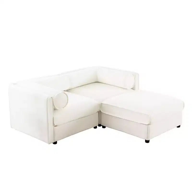Stylish White Chenille 2-Seater Sofa with Ottoman Storage Seat, Cylindrical Backrest and Armrests