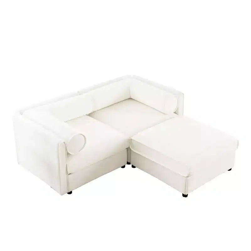 Stylish White Chenille 2-Seater Sofa with Ottoman Storage Seat, Cylindrical Backrest and Armrests