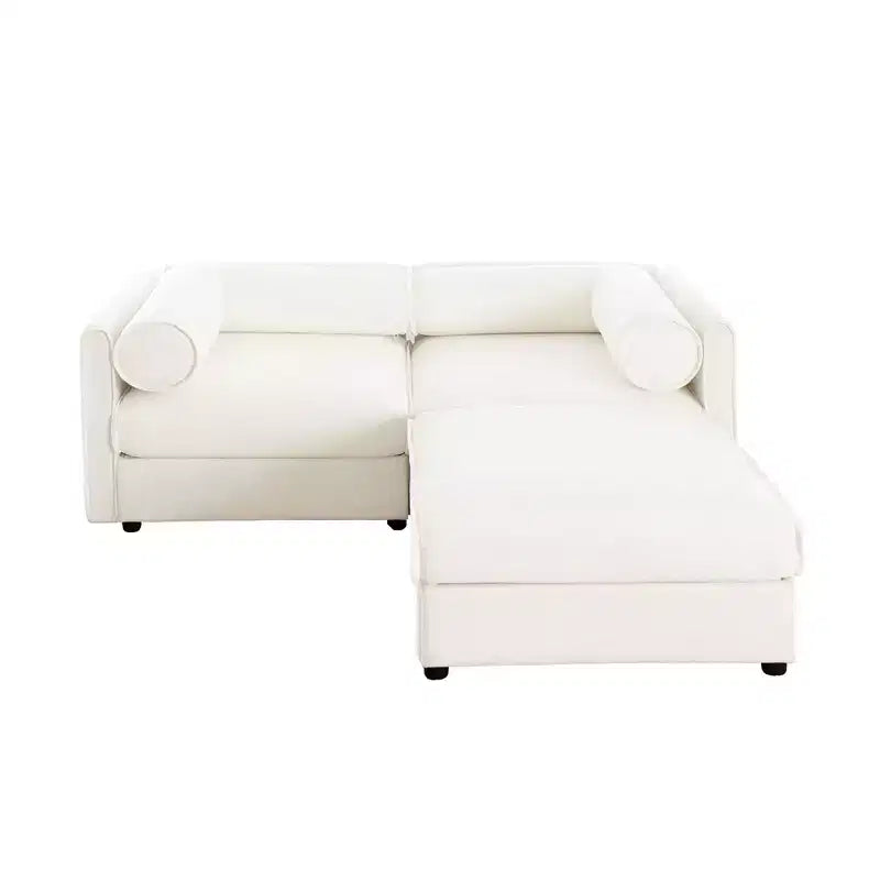 Stylish White Chenille 2-Seater Sofa with Ottoman Storage Seat, Cylindrical Backrest and Armrests